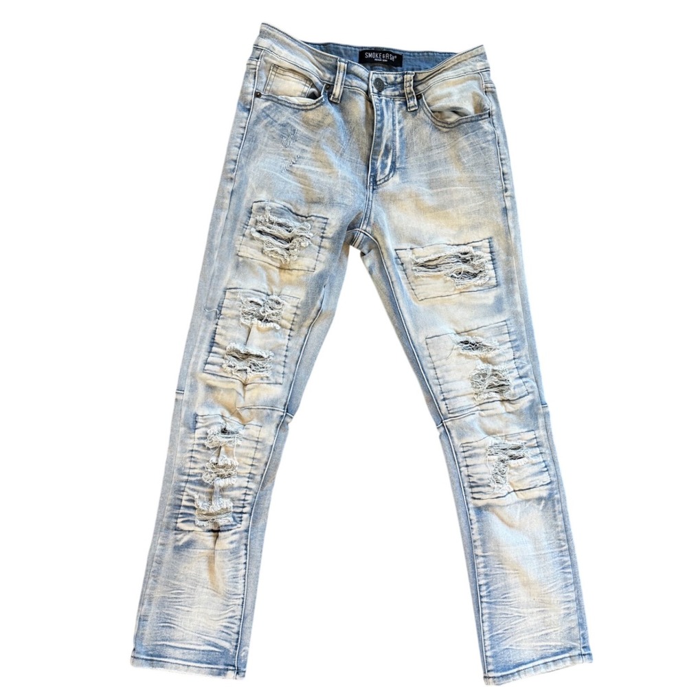 Smoke & Ash Mens Distressed Moto Patch Jeans Light Wash Slim Fit 29x30